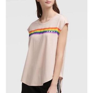 DKNY Sport Pink Rainbow Striped Logo Tank Top Women's Medium NWT